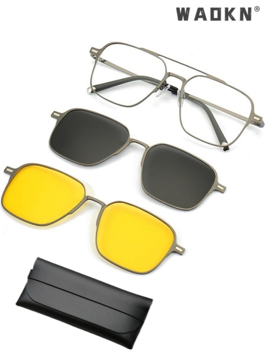 Magnetic Clip on Sunglasses Set for Men & Women Polarized UV Protection Retro Square Eyeglasses,2 in 1 Double Beam Magnetic Sunglasses Compatible with Degree Myopia Glasses Frame