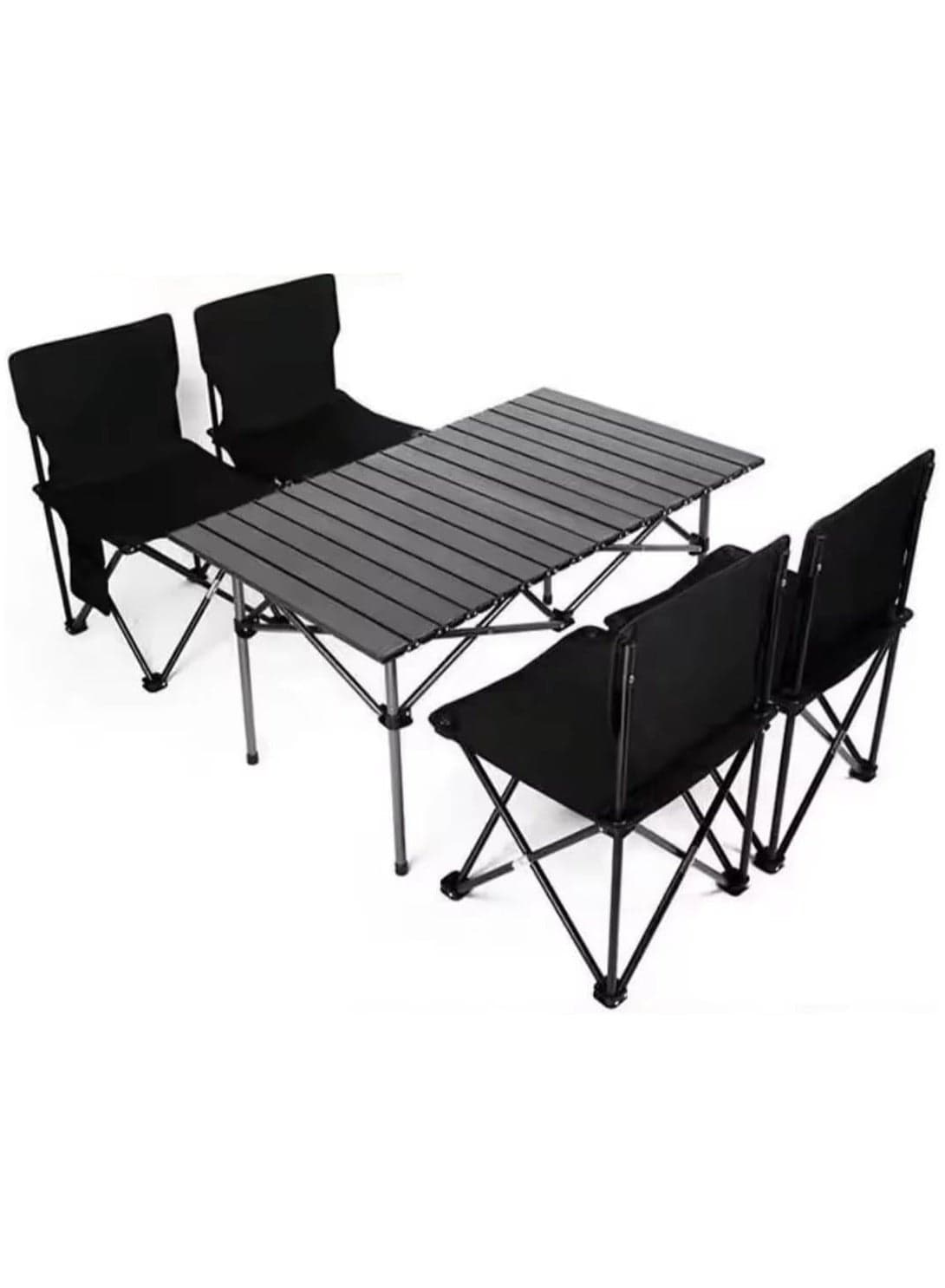 Portable Roll-Up Camping Table with 4 Chairs, Lightweight Aluminum Folding Picnic Table Set with Carry Bag, Waterproof, Rust-Resistant Outdoor Table & Chair for Camping 120X55X50CM Black
