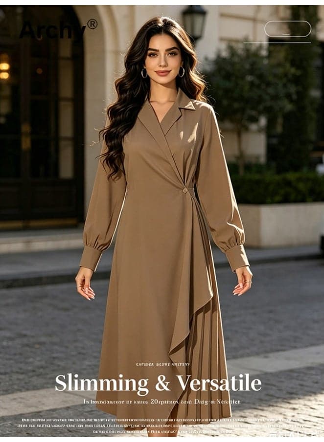 Women Elegant Formal Long Sleeve Solid Color Belted Dress Casual Dress for Women