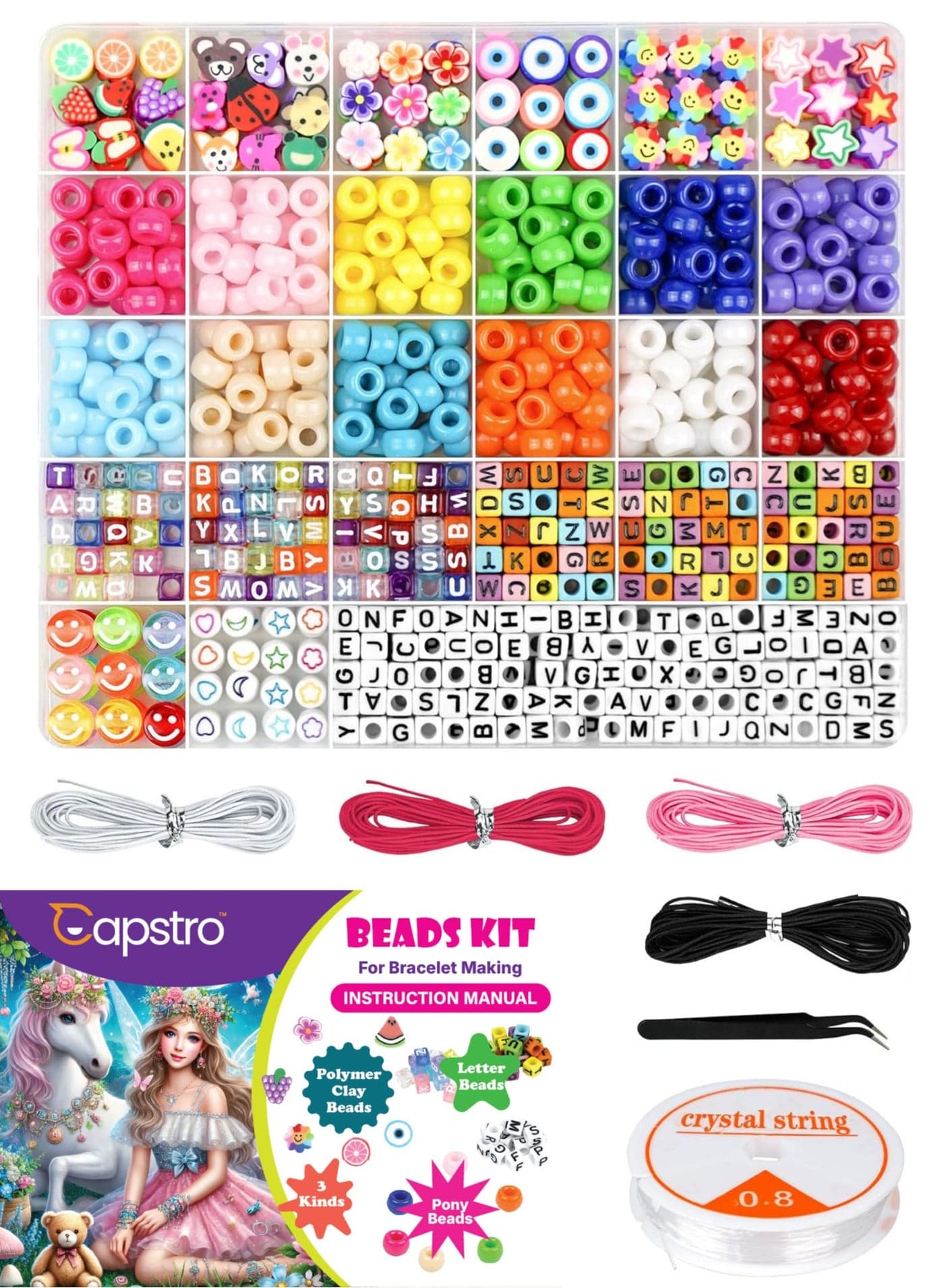 Bracelet Making Kit – Pony Beads, Polymer Clay Beads, Smile Face & Letter Beads for Jewelry Making – DIY Arts and Crafts Gifts for Girls Aged 6-12 – Ideal Craft Kit for Bracelets, Necklaces & Keychains