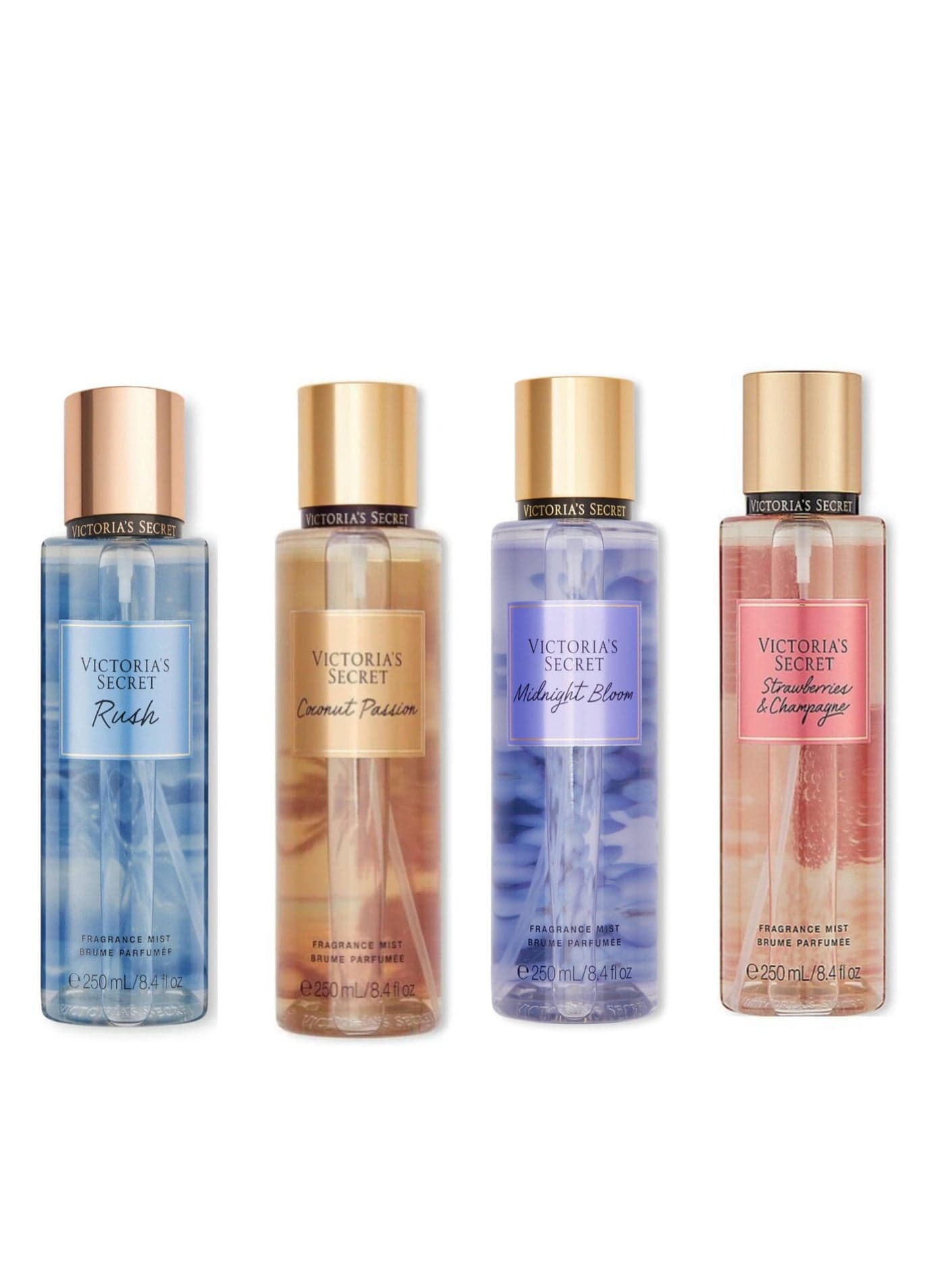 Women’s Fragrance Mist Combo Pack (4 x 250ml) – Rush, Coconut Passion, Midnight Bloom, Strawberries & Champagne Body Spray Set