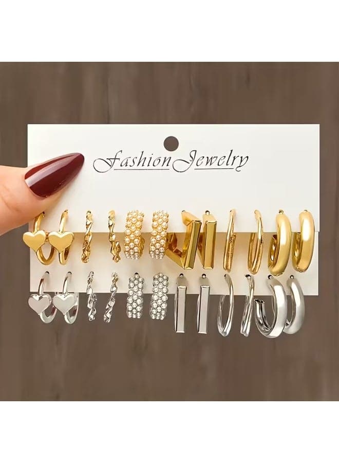 12-Pair Classic Heart-Shaped Ear Cuffs Set for Women – Zinc Alloy, Stylish and Trendy Jewellery for Daily Wear and Special Occasions