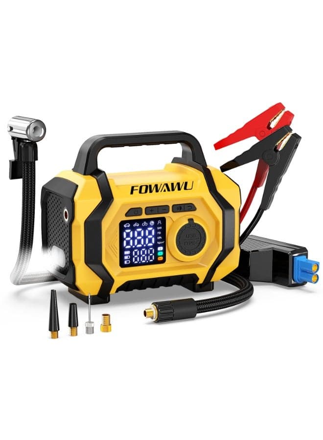FOWAWU 6000A 26800mAh Jump Starter with Air Compressor, Car Battery Jumper Starter power Bank (ALL Gas/10.0L Diesel), Cordless Auto-Shutoff Tire Inflator, Type-C Quick Charge, Smart Jumper, LED Lights
