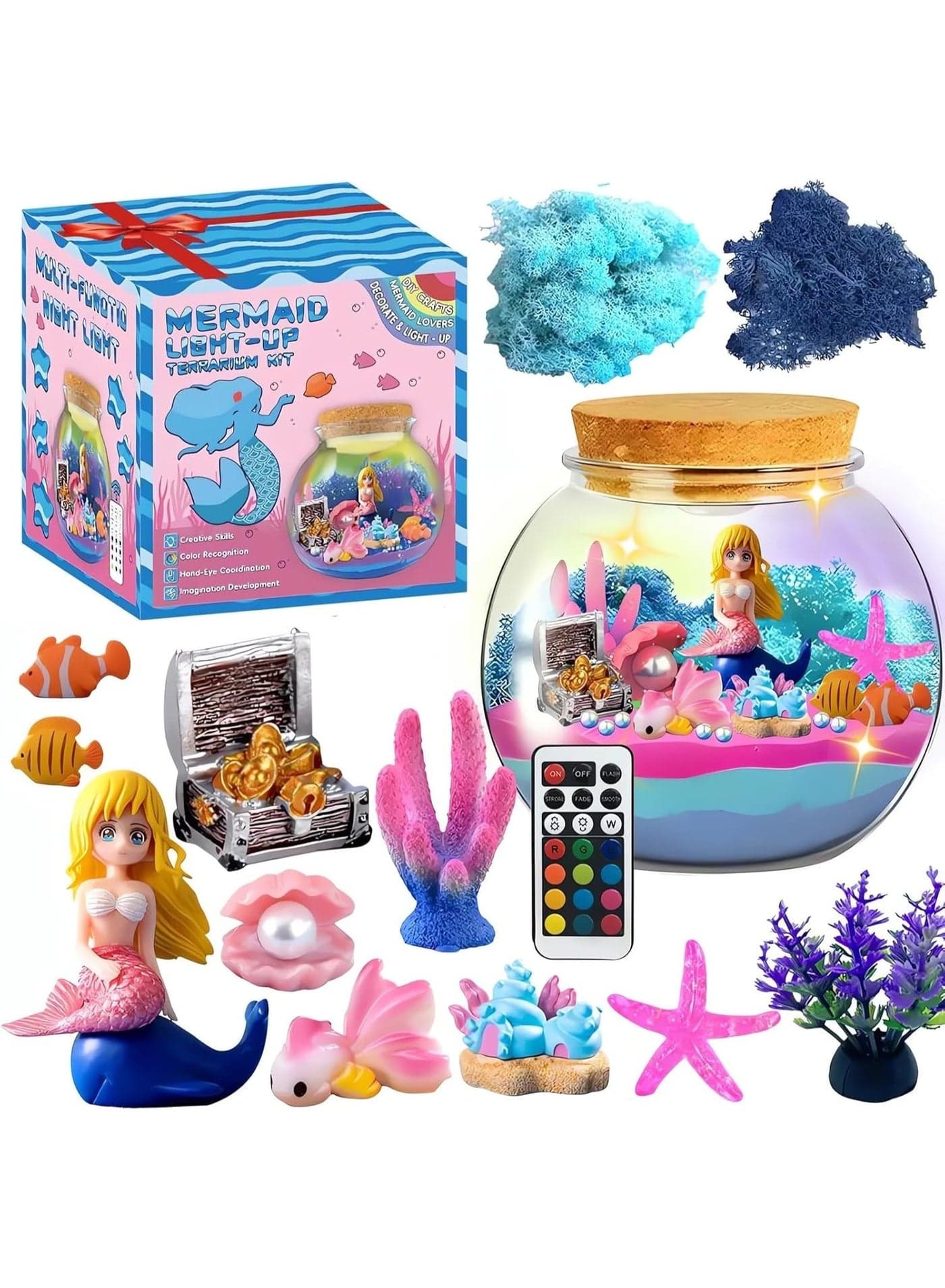 Mermaid Terrarium Kit for Kids, DIY Arts & Crafts Gift for Girls Ages 4 5 6 7 8-12 Year Old, LED Night Light with Remote, Girls' Holidays and Birthday Gifts