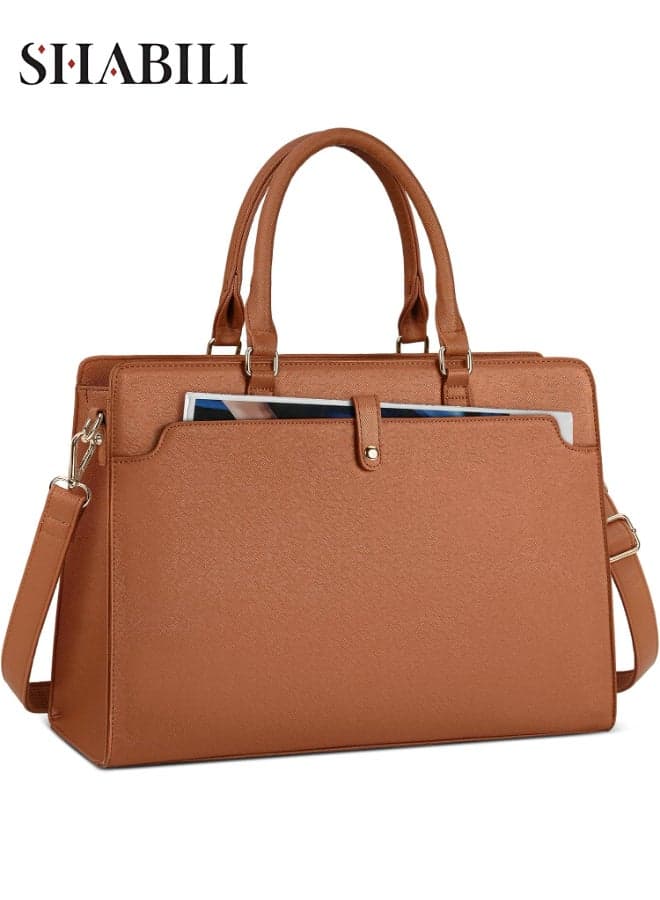 Women Large-Capacity Lightweight PU Leather Laptop Tote Briefcase, Ladies 15.6-Inch Work Shoulder and Crossbody Satchel with Magnetic Pocket and Detachable Strap, Business College Travel Bag (Brown)