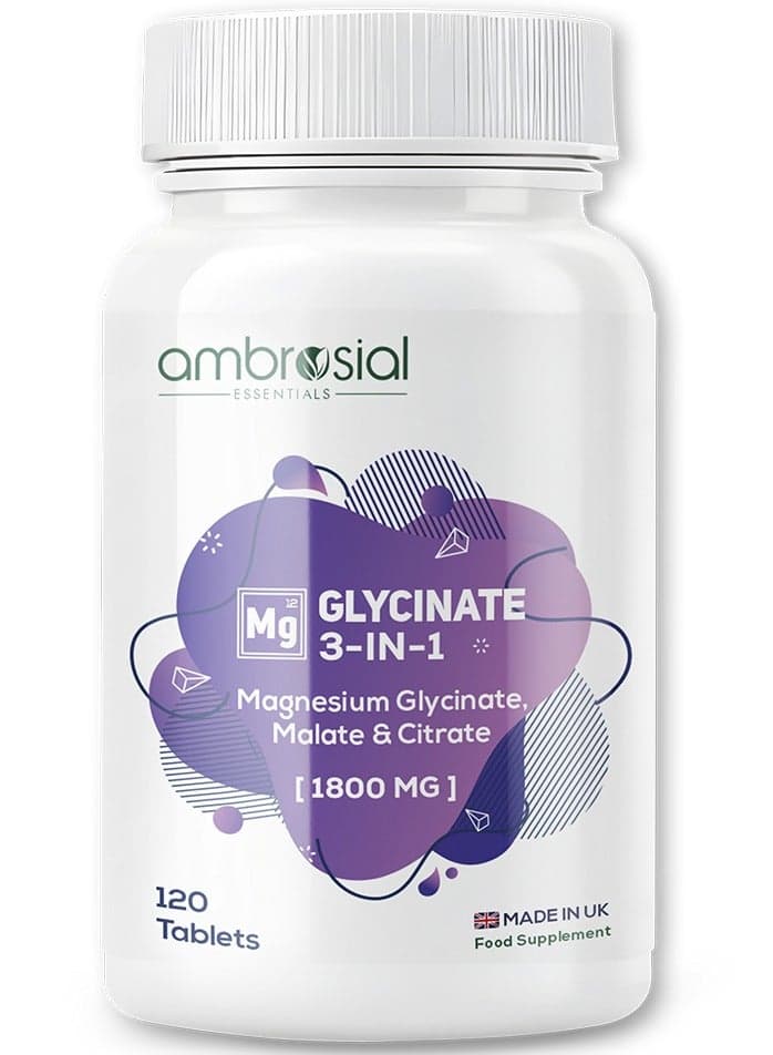 Ambrosial Magnesium Glycinate 3-in-1 Complex 1800 mg – Triple Magnesium Supplement with Glycinate, Citrate & Malate – 384 mg Elemental Magnesium – UK Made, GMP Certified – 120 Tablets