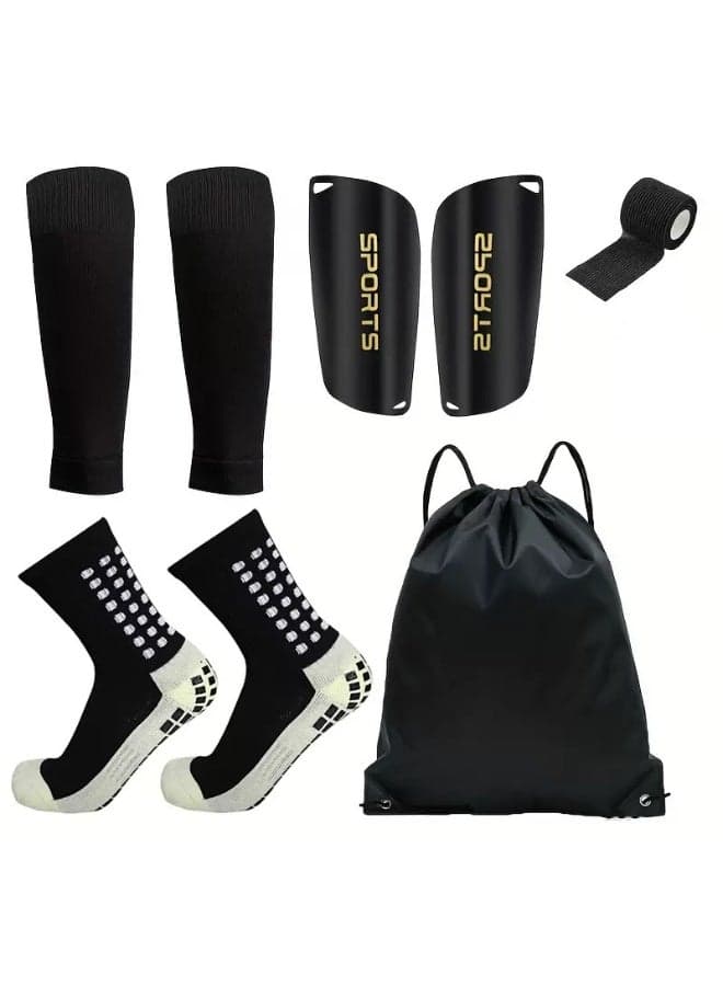 1 Pair Grip Soccer Socks, 1 Pair Soccer Sleeve Socks with 1 Pack Shin Guards and 2 Shin Straps, Football Game Set 6 Pcs Black