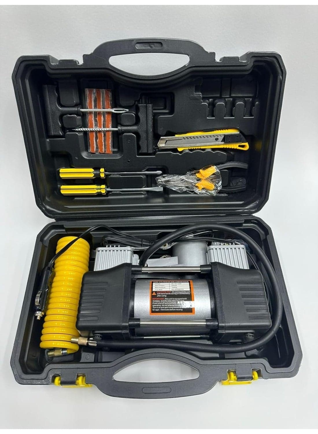 Portable Air Compressor Kit with Tools, 12 Volts, Heavy Duty Metal Construction, Storage Case Included