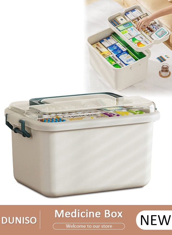 Medicine Box Plastic Medicine Storage Box Family Emergency Kit Medical Kit 2 Layers Home First Aid Box Child Proof Medicine Box Organizer Pill Case with Compartments and Handle