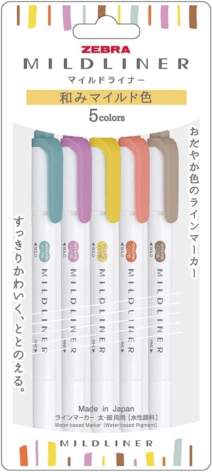 Zebra Mildliner Highlighter Set - 5 Japanese Mild Colors