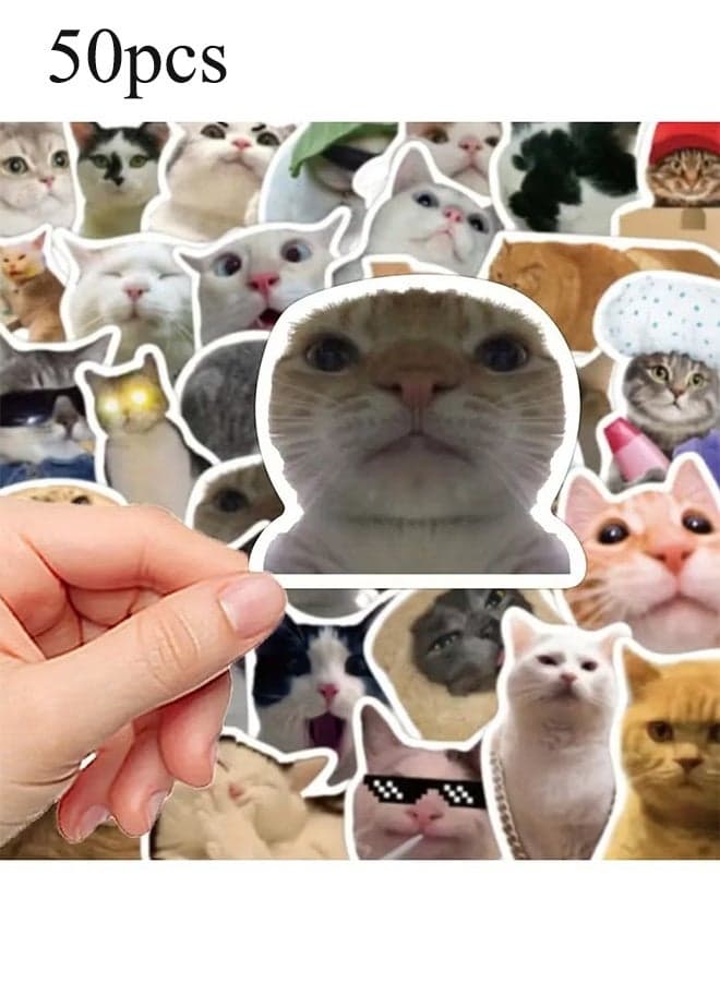 Set of 50 Cat Expression Stickers, PVC Decorative Decals for Phone Cases, Guitars, Helmets, Skateboards, Laptops, Water Bottles, Waterproof and Adhesive
