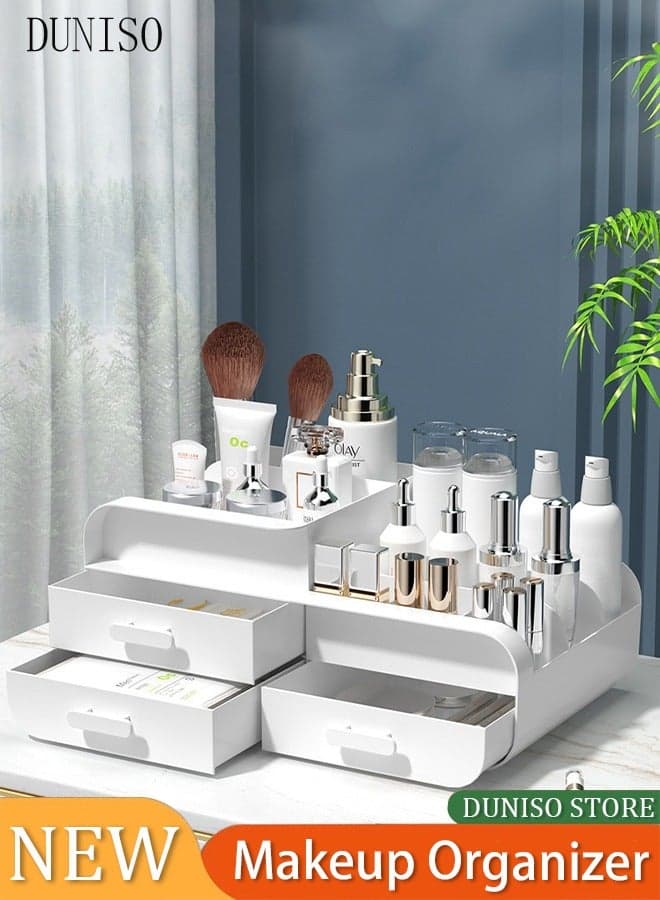 Makeup Organizer,Cosmetic Organizer Storage Box with Drawer Elegant Vanity Case for Bathroom Bedroom Office Supplies(White)
