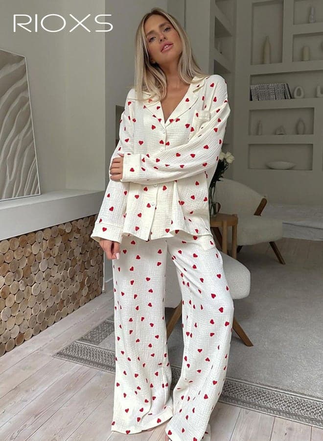 Womens Pajamas Set, Red Herat Patterned Long Sleeve Button Down Shirt and Elastic Waistband Pants, Soft Lounge Nightwear Sleepwear Sets with Pockets for Home Hotel Dormitory Travel