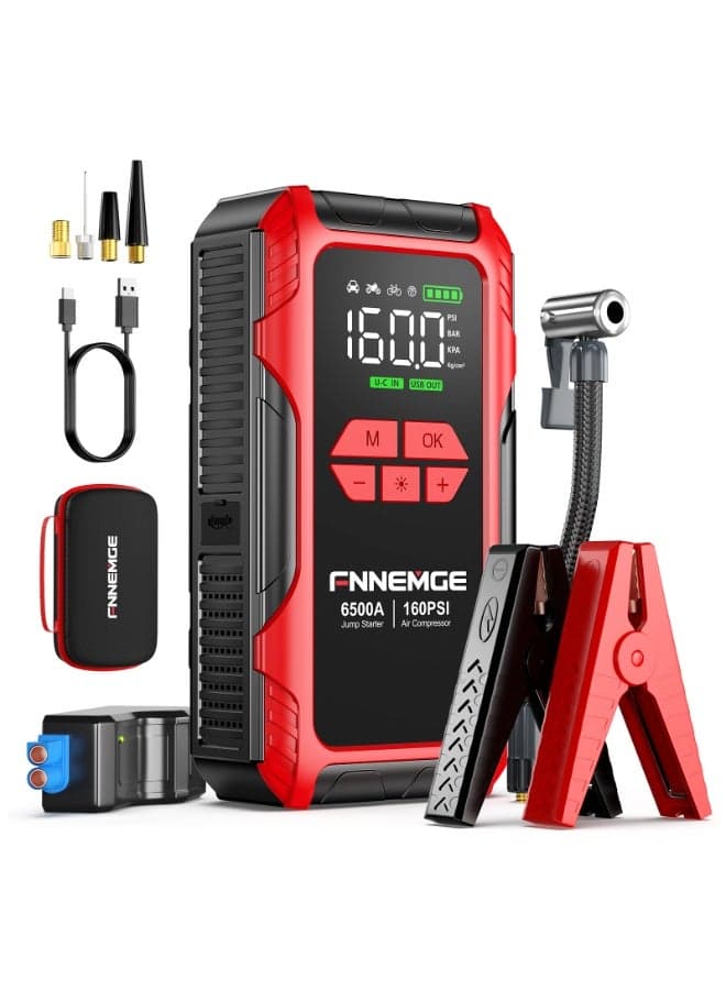 4-in-1 Portable 6500A Jump Starter with Air Compressor, 26800mAh Car Battery Jumper Starter 12V(for All Gasoline Vehicles/10.0L Diesel Vehicles), 160PSI Tire Inflator, with Large LCD Display and Lights