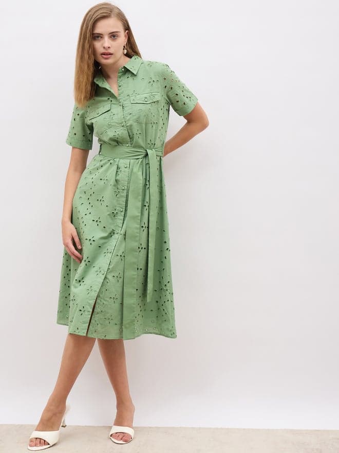 Schiffli Short Sleeve Shirt Midi Dress With Belt Detail