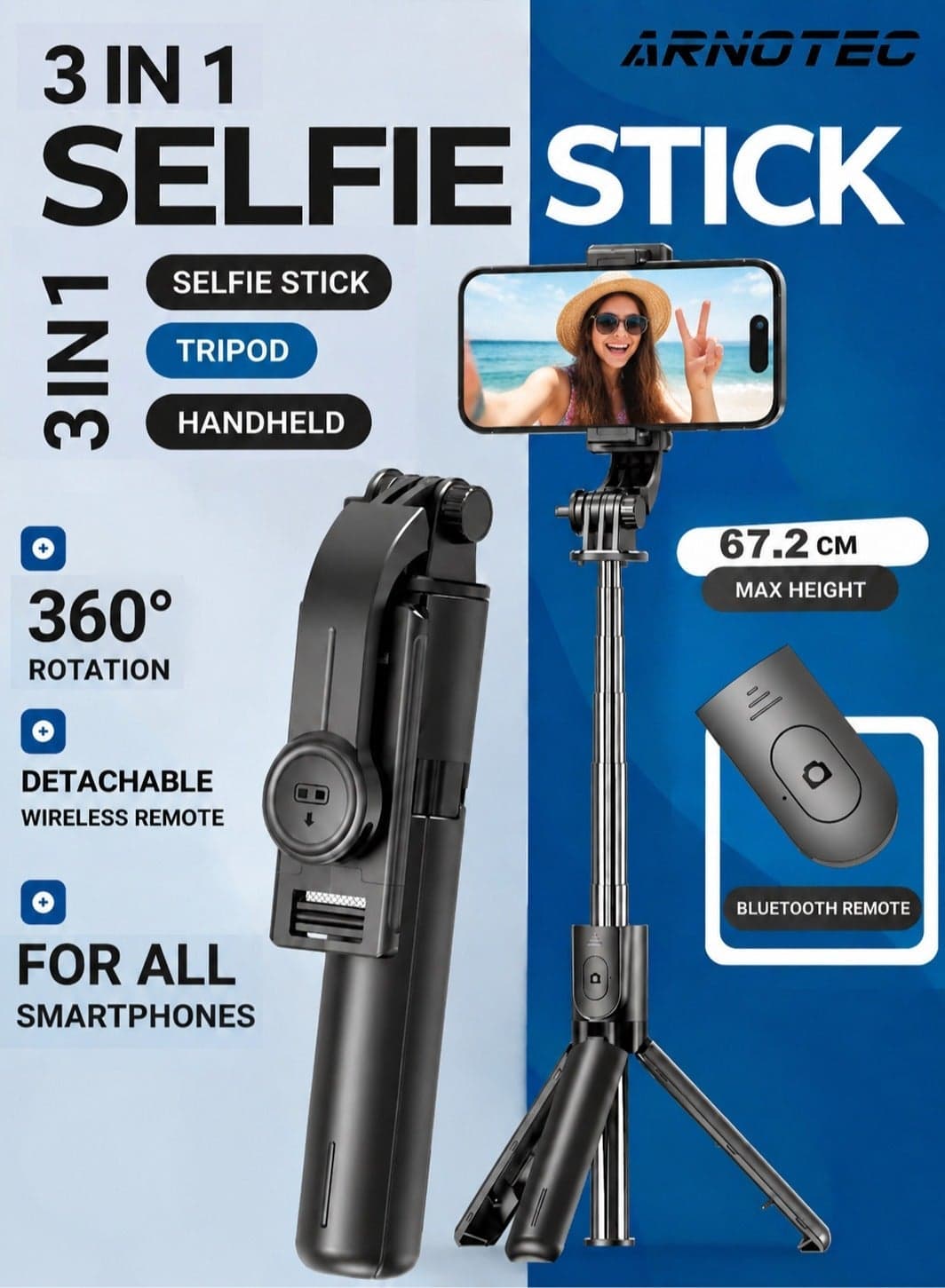 26.46inches(67.2cm)Portable Selfie Stick Tripod, 3 in 1 Extendable Phone Tripod Stand with Detachable Wireless Remote & Phone Holder 360° Rotating Mini Travel Tripod Compatible with iPhone 16/15/14/13 Pro/Android/Gopro