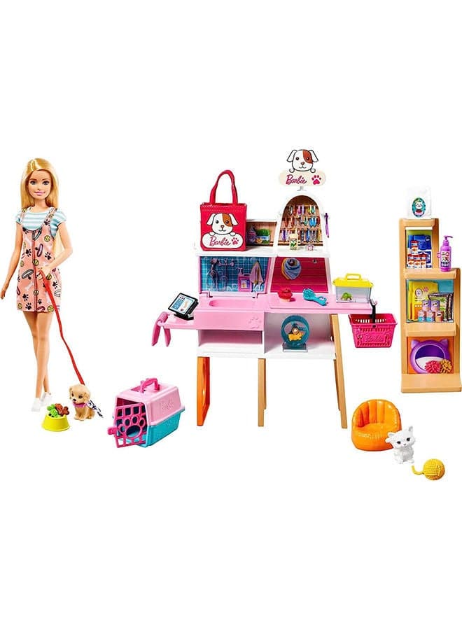 Doll and Pet Boutique Playset with 4 Pets and Accessories, for 3 to 7 Year Olds