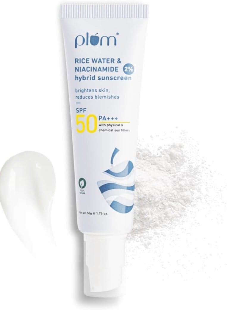 Plum Sunscreen SPF 50 Face with 2% Niacinamide & Rice Water Hybrid PA+++, Protects Skin, No White Cast, Reduces Blemishes, Non-Greasy, UVA & UVB