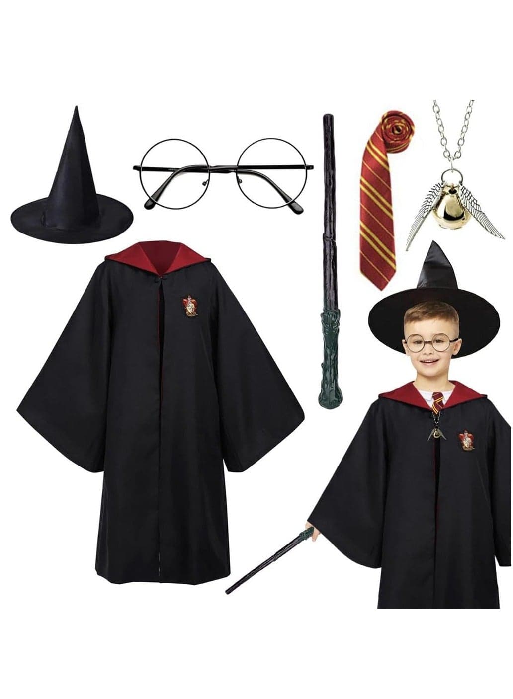 Harry Potter Robe Costume Cosplay Set Hogwarts Wizarding World Costume Robes for Kids Dress Up Accessory Include with Striped Tie Glasses Frame Wizard Hat Magic Wand Pendant (Harry Potter Set)