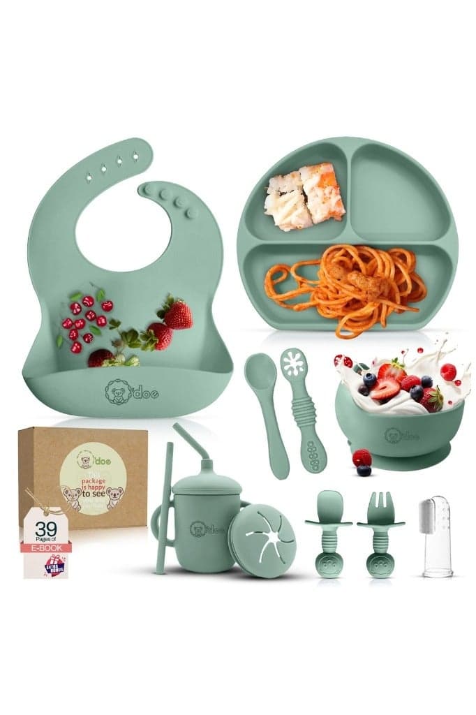 Baby Led Weaning Feeding Supplies for Toddlers, O'doe Baby Feeding Set | Suction Silicone Baby Bowl-Self Eating Utensils Set with Spoons, Bibs, Toddlers Spoon Set | Plate Kit | Set of 11