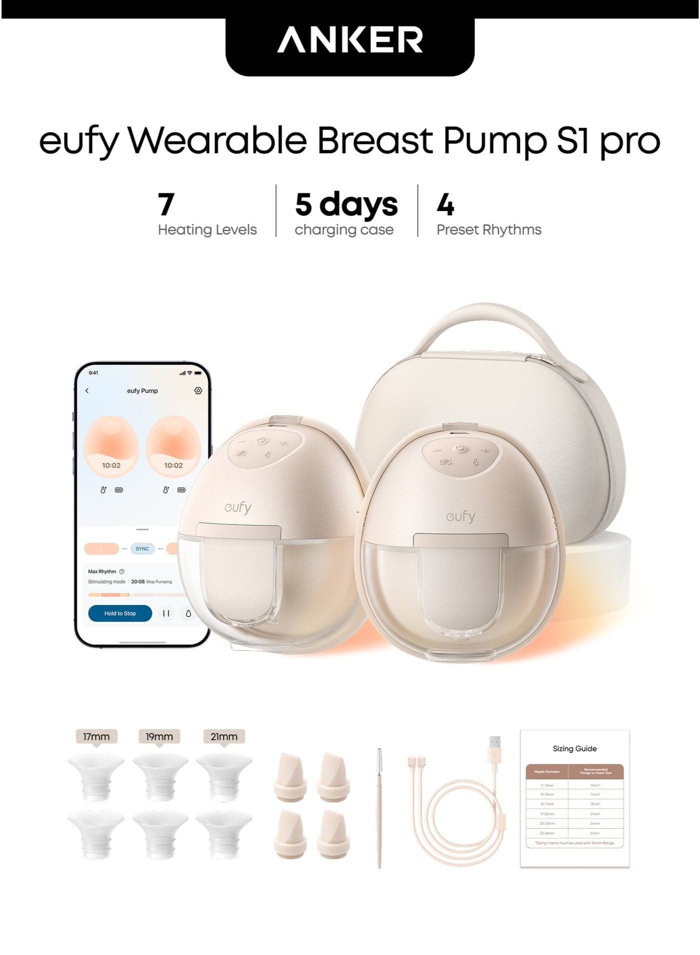 eufy Wearable Breast Pump S1 Pro, Electric Hands-Free Breast Pump with Heating Technology, Portable Charging Case, App-Controlled Smart Rhythm, Hospital-Grade Suction, Leak-Proof and Ultra-Quiet