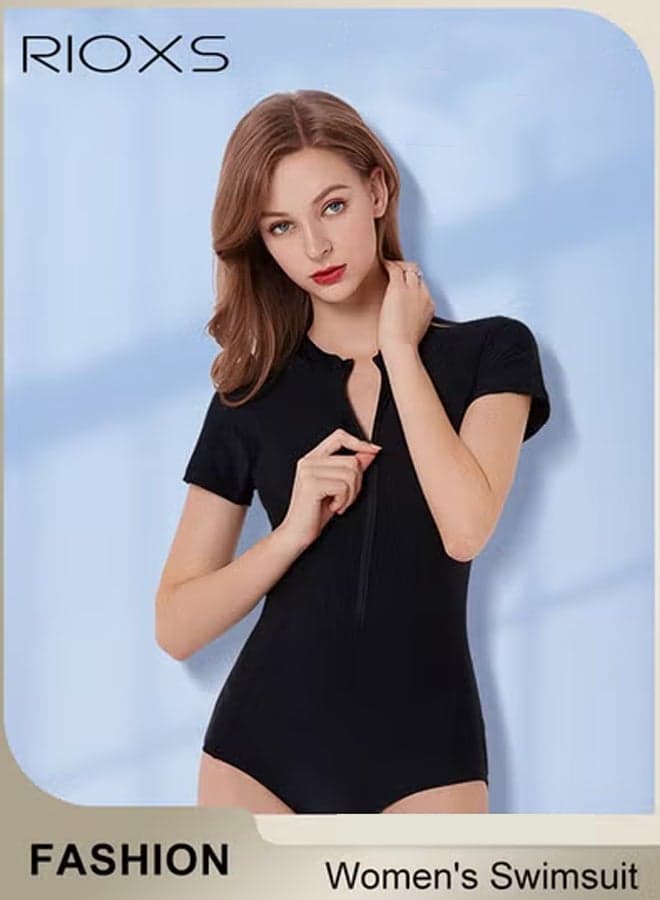 Women's One-piece Rash Guard Swimsuit, UV Protecion Zip Up Modest Swimwear, Fashionable Short Sleeve Front Zipper Swimwear Bathing Suit Made of Efficient Quick-drying and High-density Fabric, Stretch Comfortable Surfing Short Sleeve Swimwear Suitable for Surfing, Diving, Swimming or Beach activities, Black