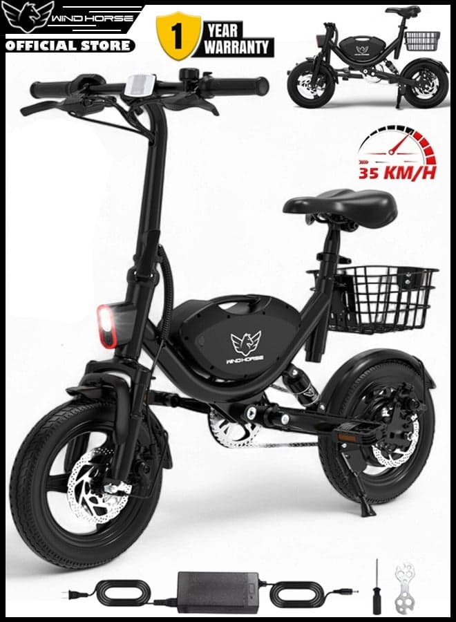 Foldable Electric Bike for Adults 500W Brushless Hub Motor, 35 KMH Max Speed, 19-35 KM Range with 36V 8AH Battery, 14 Inches Tires with Dual Suspension and Disc Brakes, Lightweight Carbon Alloy Frame, Urban Commuter E-Bike with Basket for Easy Storage and Transport