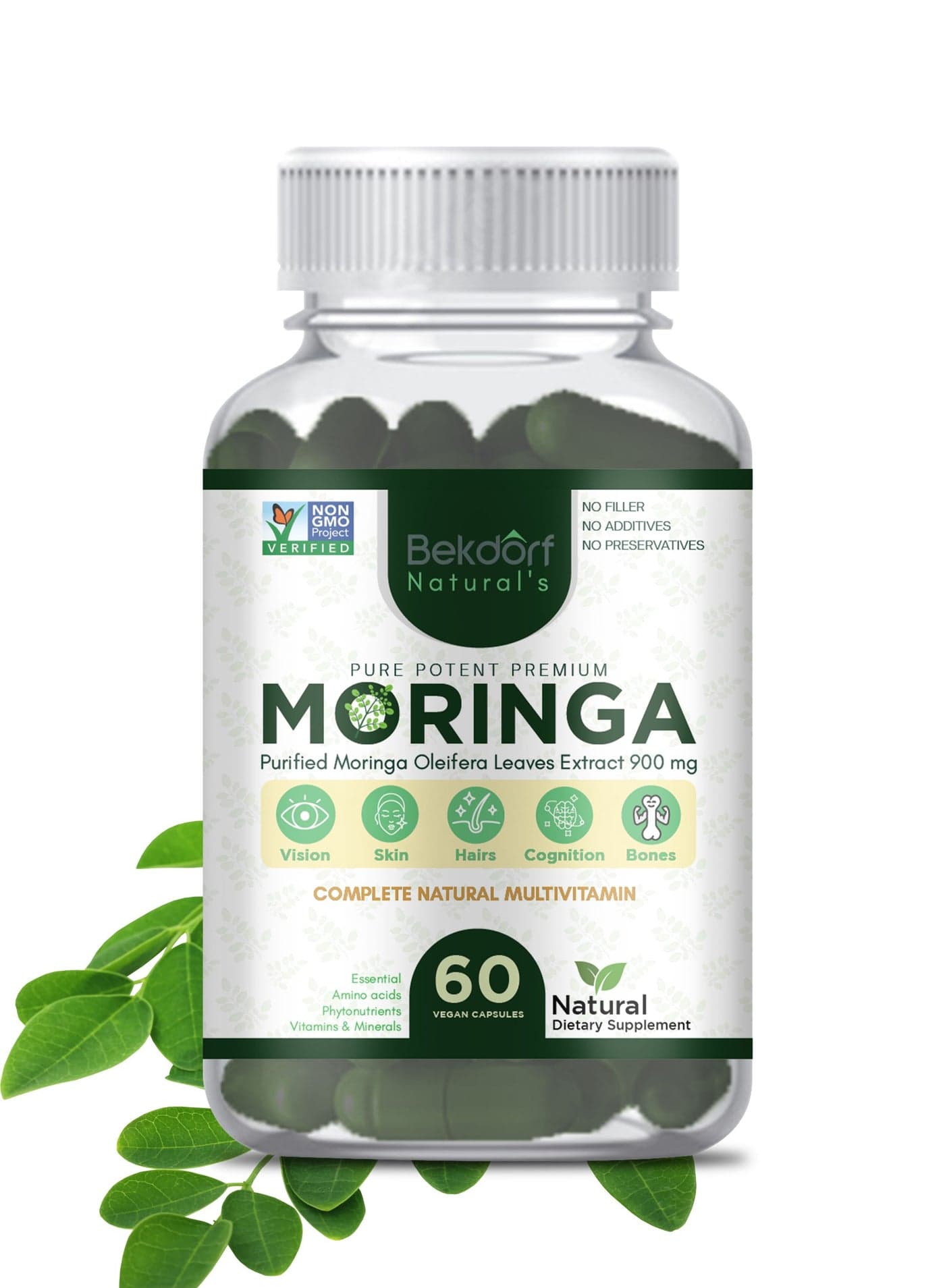 Pure Moringa Leaves Extracts(Standarized to 5% Saponins) -Complete Natural Superfood, Energizing Green Superfood, Immune Support, Antioxidant, Metabolism, 100% Pure, Additives & Preservative free – 60 Vegan Capsules