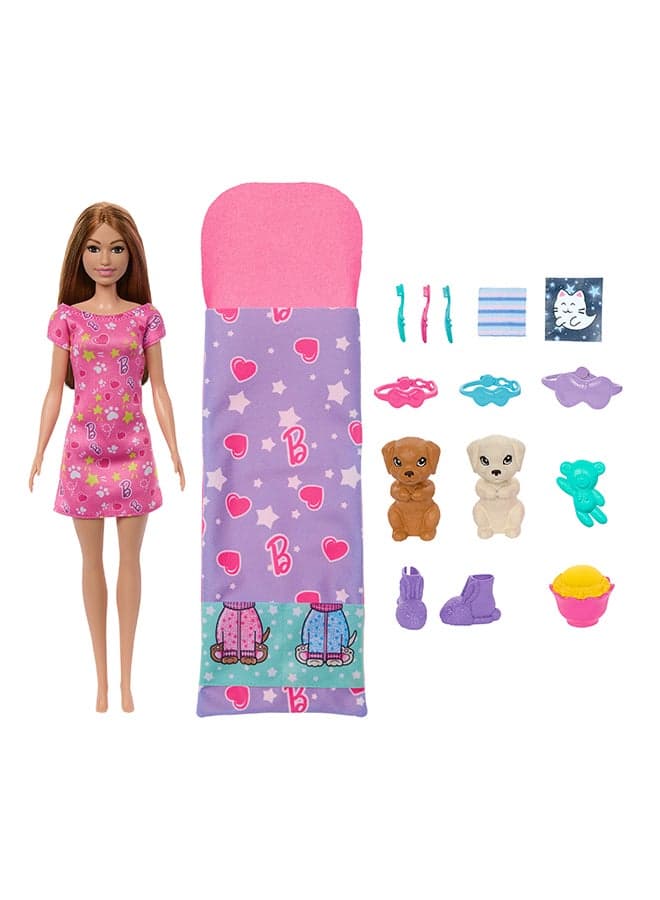 Doll & Playset with 2 Toy Dog Figures & 10+ Accessories, Puppy Slumber Party with Color-Change Feature, Sleeping Bag, Eye Masks & More