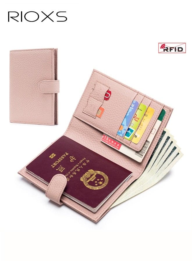 Passport Holder for Travel, Slim Compact Leather RFID Passport Wallet with Card Holders SIM Slots, Waterproof Passport Book Travel Wallet with Zippered Coins Pocket and Cash Holder, Lightweight Travel Passport Cover Case for Women/Men, Pink