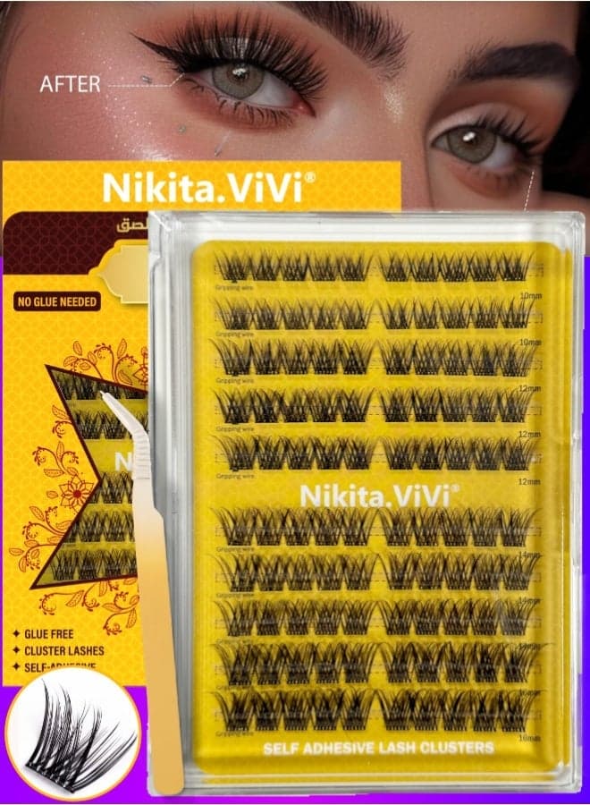 Pre Bond Lashes Kit with Tweezers Self Adhesive Eyelashes Eyelash Clusters Kit, False Eyelashes D Curl Pre Glued Lash Clusters Wispy Lash Cluster Kit False Lashes for Beginners and Salon use Press On DIY Lash Extension Kit Falselashes Eye Makeup Kit 10-16mm Size 100 Pcs