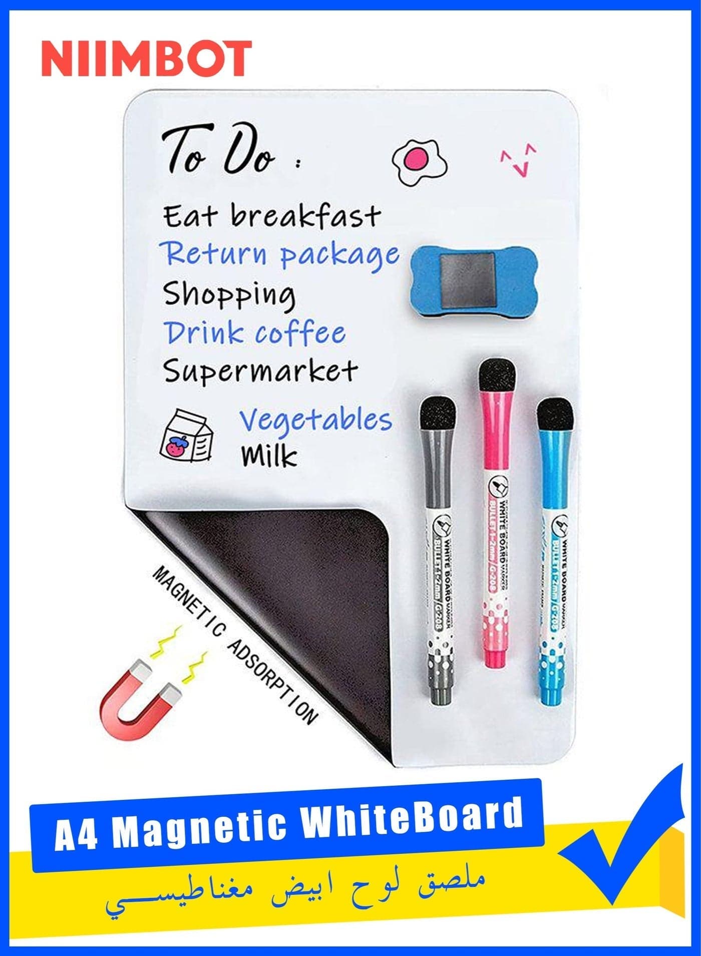 A4 Magnetic White Board, Dry Erase Sheet with 3 Markers and Eraser, Flexible Fridge Whiteboard with Rounded Corner, Magnetic Memo Board for Kitchen Office Planning and Family Message, 21 x 30 cm