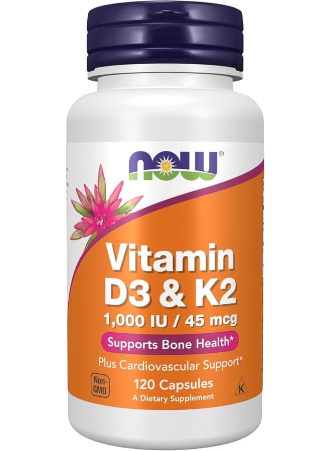NOW Supplements, Vitamin D-3 & K-2, 1,000 IU/45 mcg,Plus Cardiovascular Support*, Supports Bone Health*, 120 veg Capsules