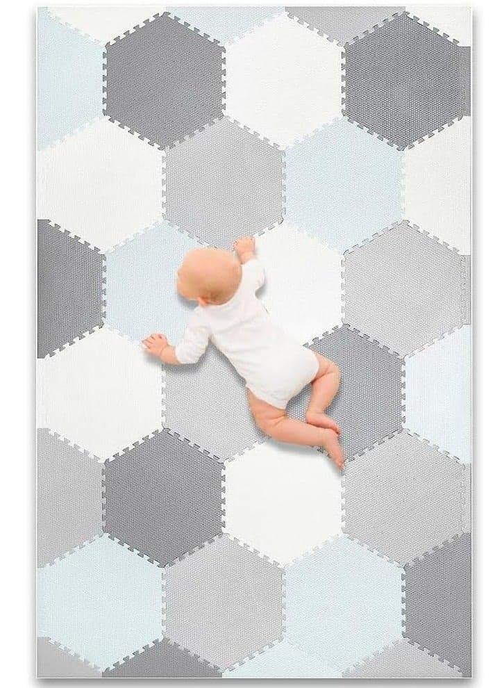 Baby Play Mat Non-Toxic Extra Thick Puzzle Exercise Mats for Crawling, Playing- Soft EVA Interlocking Hexagon 38 Tiles Foam Flooring for Babies, Grey & White 180x120cm