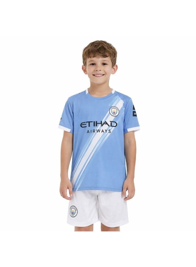Manchester City Home team Jersey Kids – Football Kit Short Sleeve T-Shirt with Matching Shorts, Breathable Soccer Uniform