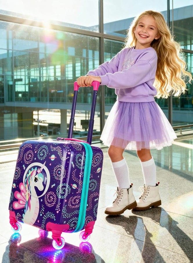 Travel Luggage for Kids, 18-inch Carry-On Luggage, Kid's Luggage Trolley with 360° Glowing Light-Up Wheels, Adjustable Handle, Kids-Friendly Sized Cabin Suitcase with Name Tag