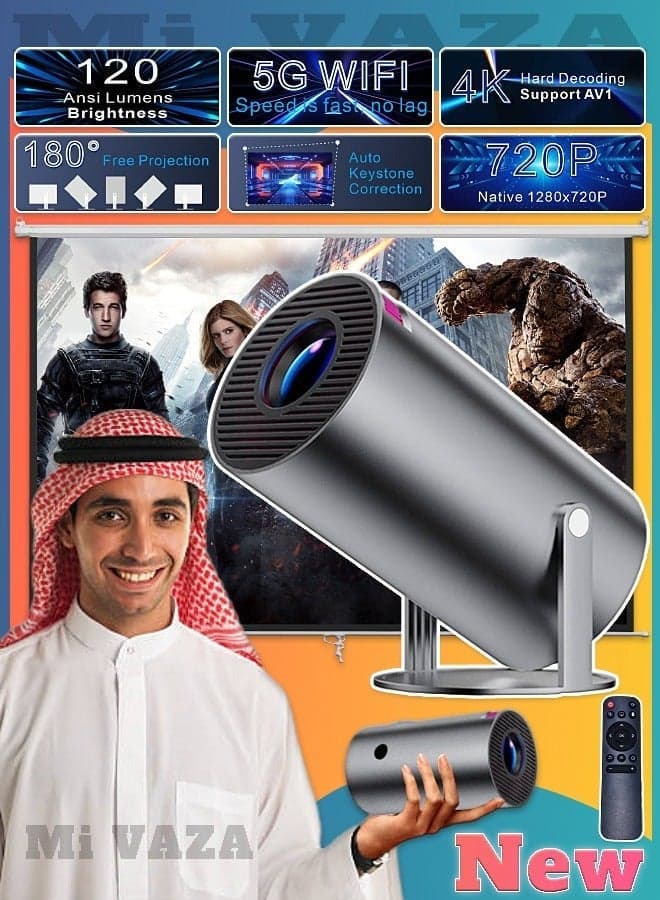 Rotatable Mini Projector - Support 4K - Smart Projector with 5G Dual-band Wifi and Bluetooth 5.0 - Mobile Home Theater - Compatible With Android/iOS/Windows/TV Stick/HDMI/USB.