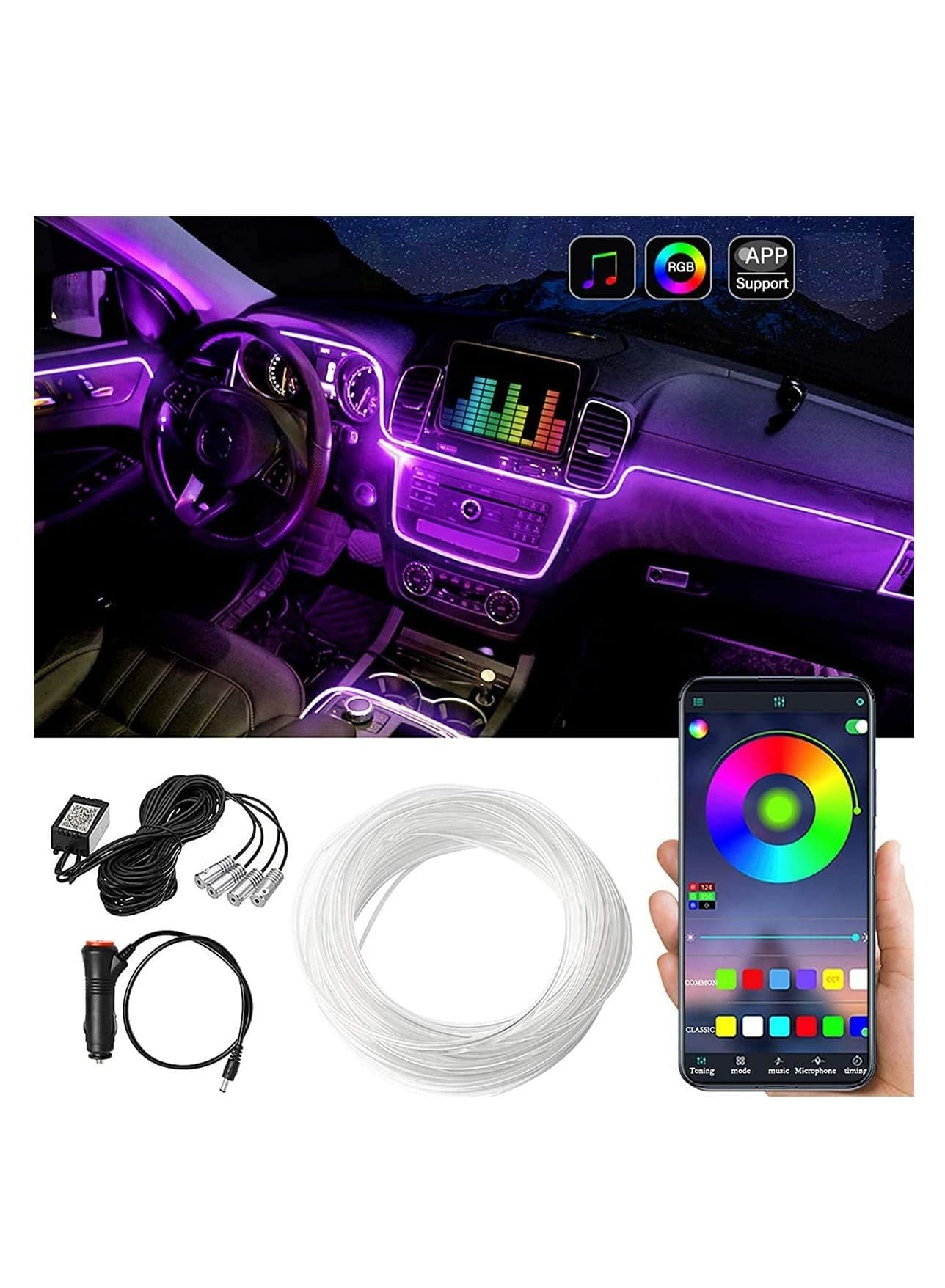 Car LED Strip Lights,Multicolor RGB Car Interior Lights 4 in 1, 6 meters