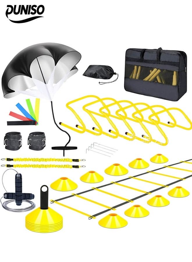 Speed Agility Training Kit,Football Kick Trainer,Football Training Equipment,With Triangle Buckle, Ground Nail, Resistance Umbrella, Hurdle, Elastic Band, Storage Rack, Disc, Tensioner, Skipping Rope,Suitable For Physical Education Teachers, Coaches, Athletes, And Beginners