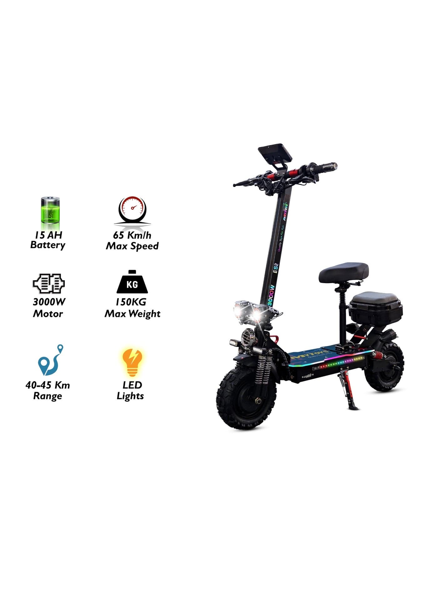 Mytoys High Speed Adult Electric Scooter With 3000W Dual Brushless Motor up to 65km/H Speed, 45 Km Range, 48V15Ah Battery, LED Screen Display, Foldable, Dual Front and Rear Shock Absorber With Bluetooth Speaker, 11" Off Road Tires LED Lights, Turn Signals, Rear Storage Box With LED Lights and Colorful LED light standing Deck – MT400