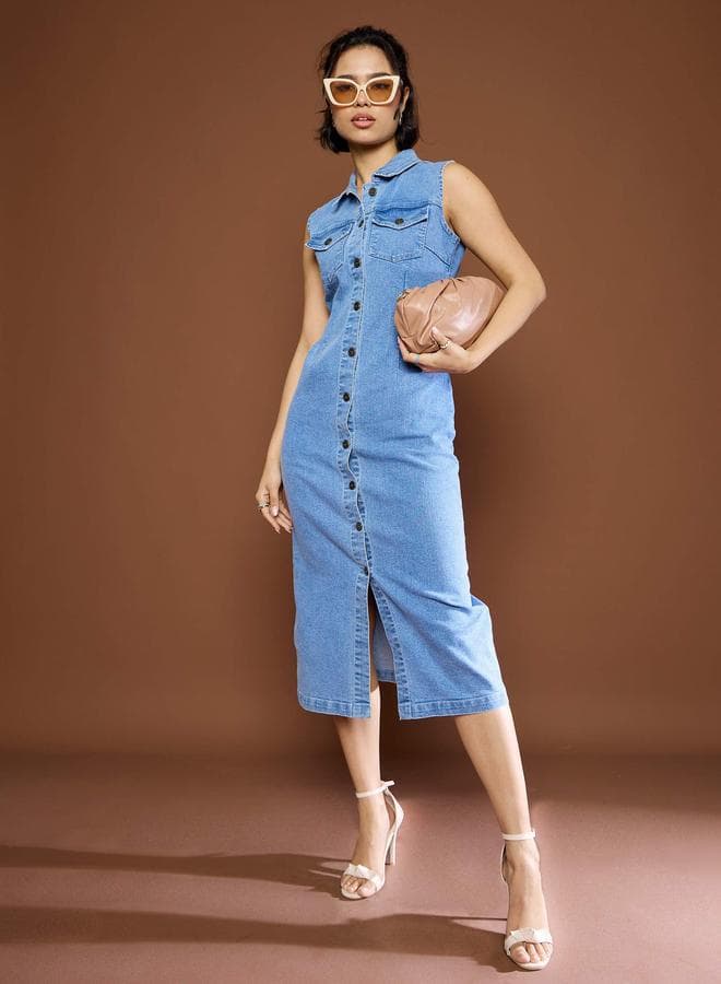 Sassafras Blue Denim Front Button Midi Dress