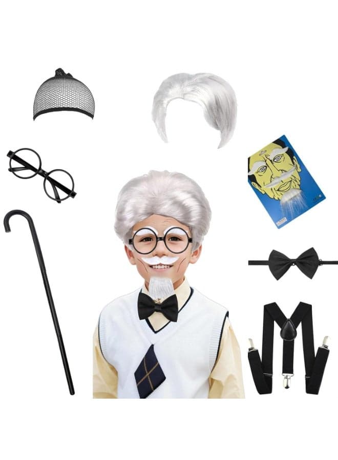 7Pcs Grandpa Cosplay, 100 Days of School Costume for Boys, Old Man Costume for Kids, Old Man Wig Glasses Fake Mustache Eyebrows Cane Suspender Bow Tie Old Man Costume Cosplay