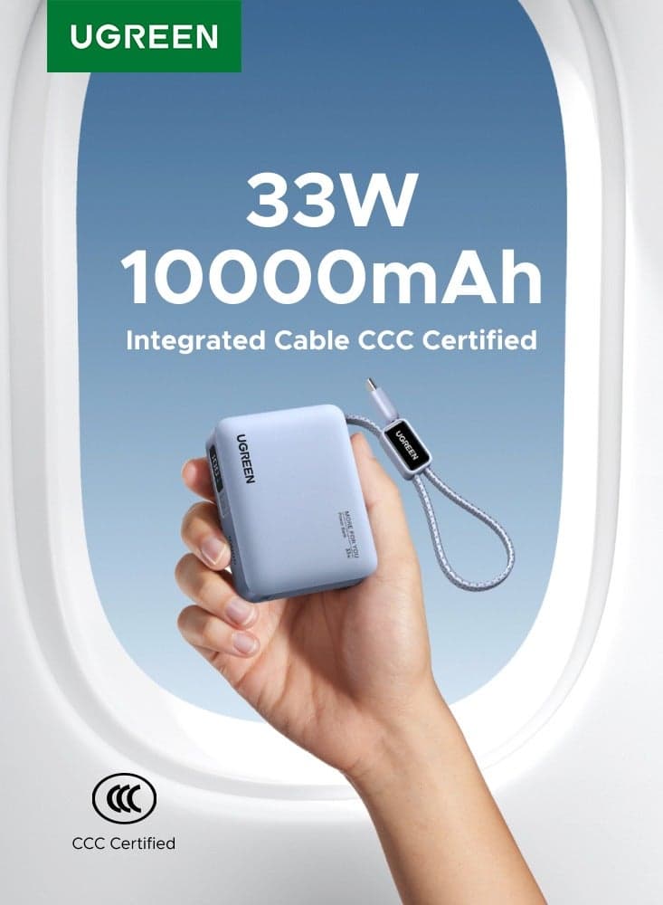 10000mAh 33W Mini Pocket size CCC Power Bank with Braided Built-in USB-C Cable | Supports PD3.0/QC3.0 | Compatible with iPhone 17-8 Series, Samsung S26, Huawei Mate60/P70, Xiaomi 14, iPad Pro/Air, AirPods Pro, Galaxy Buds Pro & More 10000 33W Mini Braided C cable