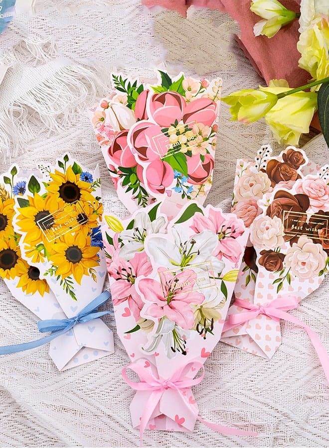 4pcs Greeting Card 3D Bouquet Bow Greeting Card for Back Gift, Birthday, Mother's Day Gift, Wedding, Eid, Sturdy and Solid Cardstock Gift Card