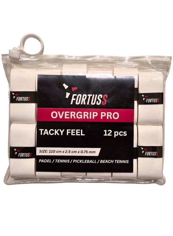 FORTUSS Tacky Feel Padel Overgrip – 12 PCS | Premium PU Grip Tape for Padel, Tennis, Pickleball & Beach Tennis | Non-Slip, Sweat-Absorbent & Durable | 110 cm x 2.5 cm x 0.75 mm (White)