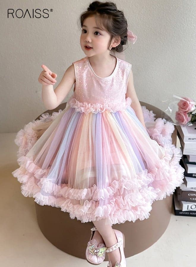 Girls Summer Tulle Dress with Back Zipper, Sleeveless Round Neck Dress with Big Bow and Sequins, Princess Dress with Exquisite Embroidery, Elegant Chic Frock for Girls, Suitable for Daily Wear, Vacations, Birthday Parties or Any Occasion