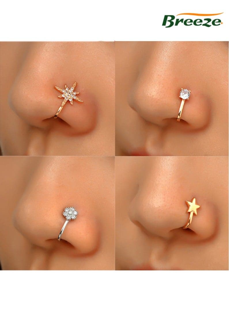 5-Piece Non-Piercing Nose Jewelry Set Adjustable U-Shaped Nose Clip with Star, Moon & Diamond Charms No-Pierce Nose Pin for Women