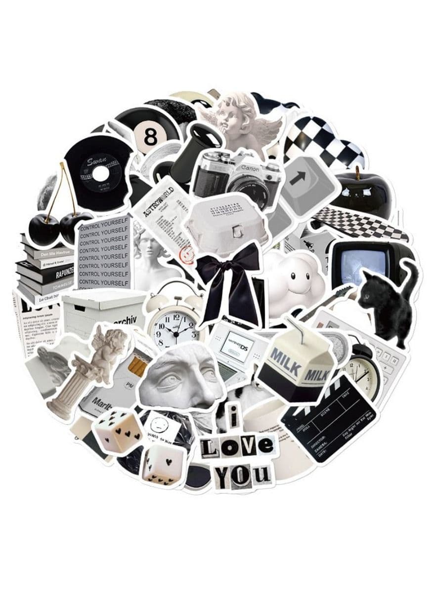 61 black and white minimalist style stickers, laptop water cup, ledger, phone case decoration, waterproof DIY stickers