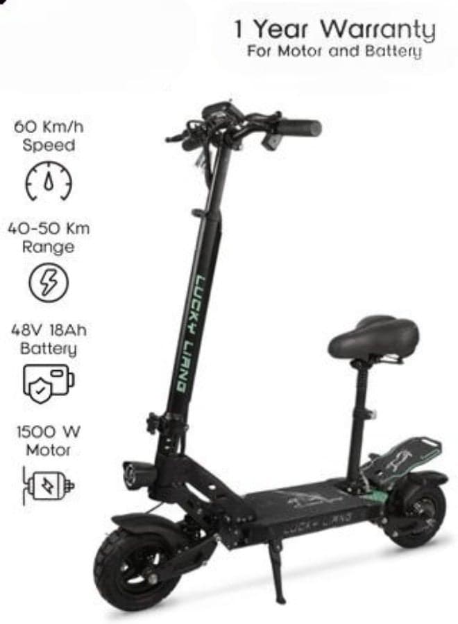 Lucky Liang L2 pro with seat Electric Folding Scooter, 1500W Motor, 48V 18Ah Battery, 10-Inch Off-Road Tires, 50KM Range, 60KM/H Speed, Rear Suspension, 3-Speed Modes, Digital Display