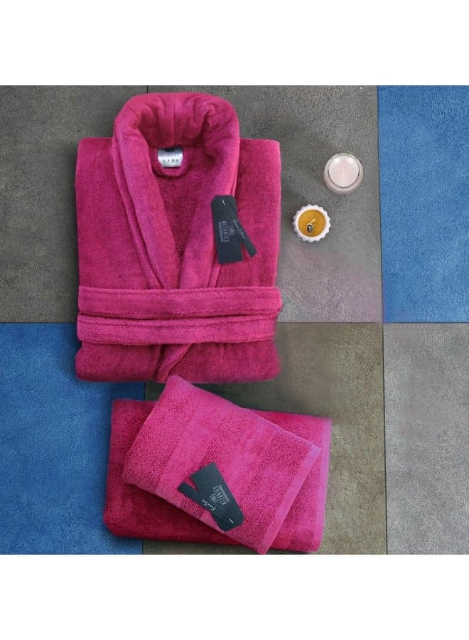 Luxury Bathrobe - 100% Soft Velour Cotton - Dark Pink- 3 Pieces set - Unisex